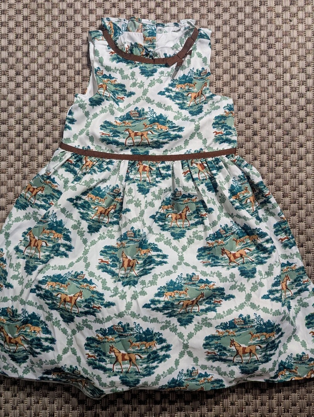 Janie and Jack White Green Brown Toile Equestrian Horse Print Party Dress 4